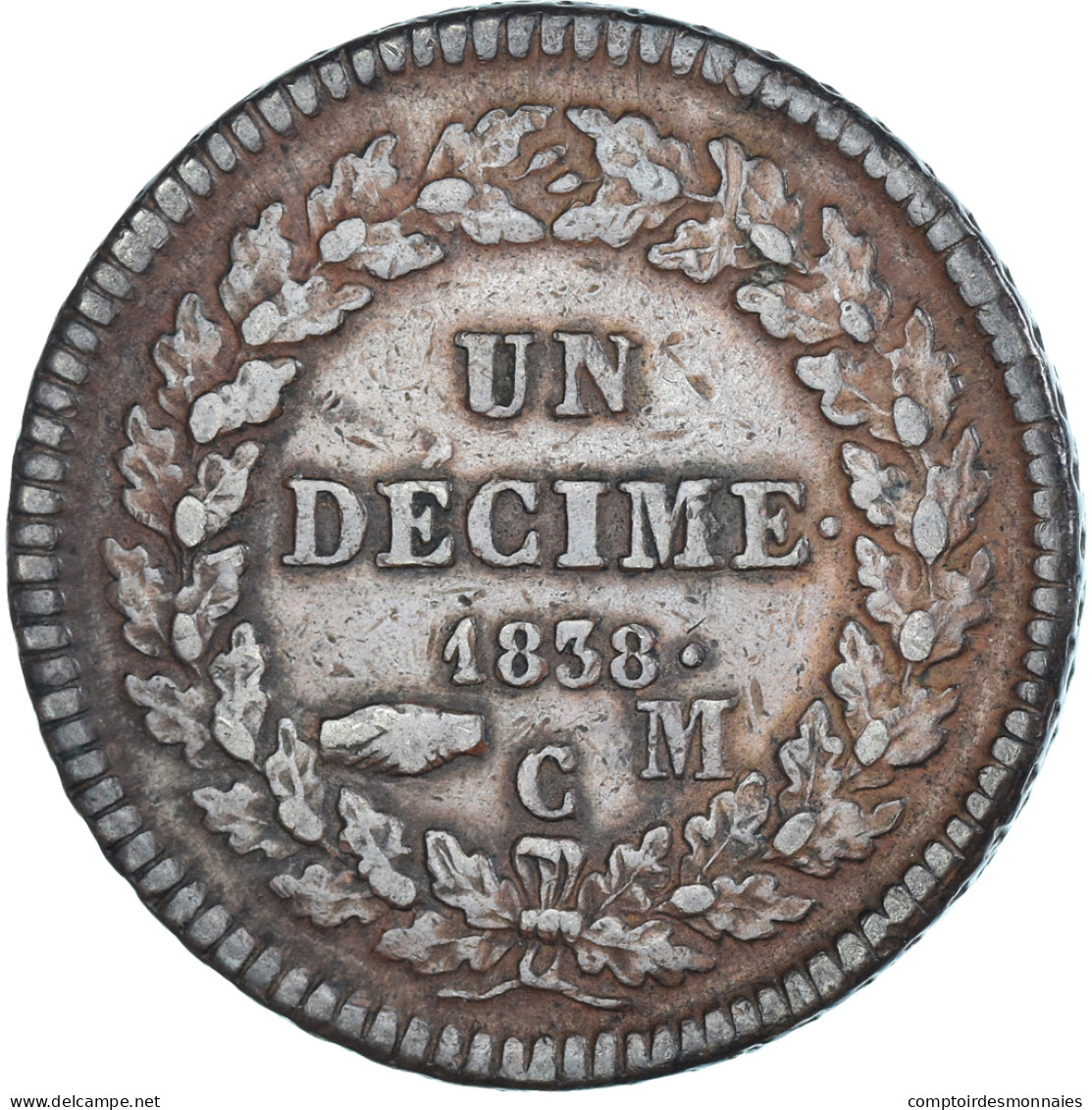 Monnaie, Monaco, Honore V, 1 Décime, 1838, Monaco, TB+, Bronze, Gadoury:MC105 - Charles III.