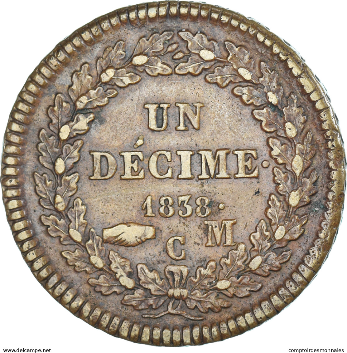 Monnaie, Monaco, Honore V, 1 Décime, 1838, Monaco, TTB, Copper Gilt - 1819-1922 Honoré V, Charles III, Albert I