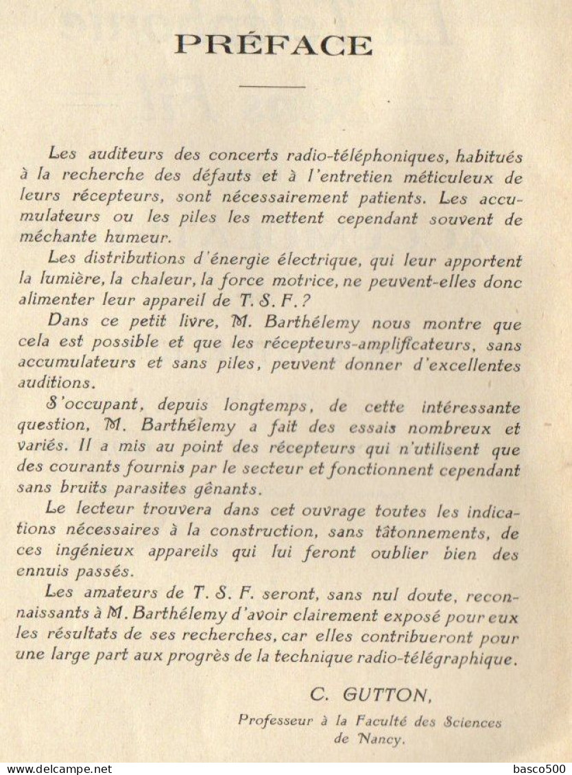 La TELEPHONIE Sans FIL Sans Accumulateurs - R. Barthelemy - Littérature & Schémas