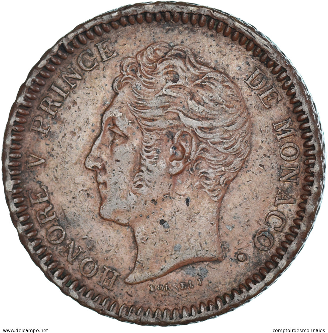 Monnaie, Monaco, Honore V, 1 Décime, 1838, Monaco, Petite Tête, TTB, Bronze - 1819-1922 Honoré V, Charles III, Albert I
