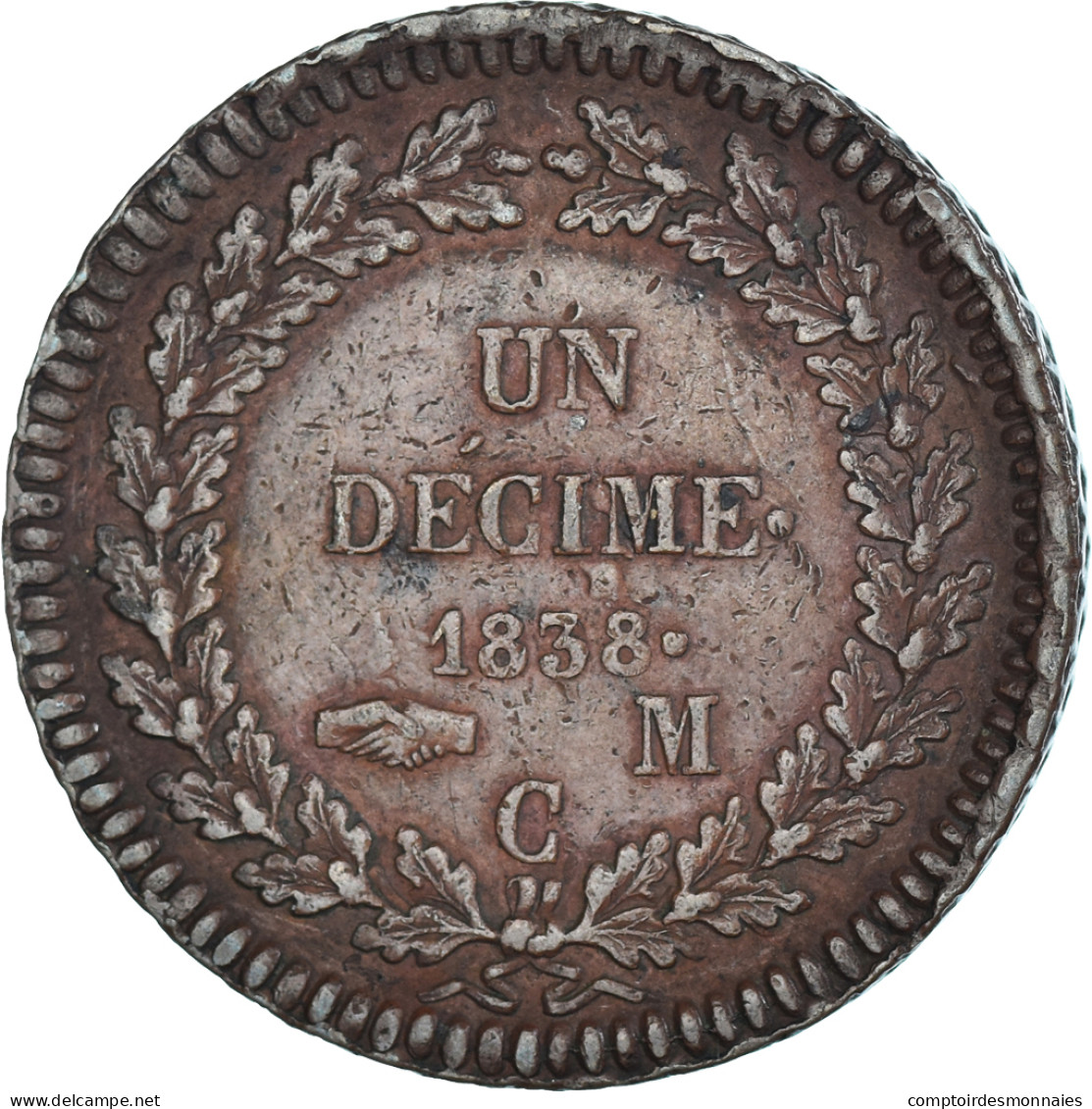 Monnaie, Monaco, Honore V, 1 Décime, 1838, Monaco, Petite Tête, TTB, Bronze - 1819-1922 Honoré V, Charles III, Albert I