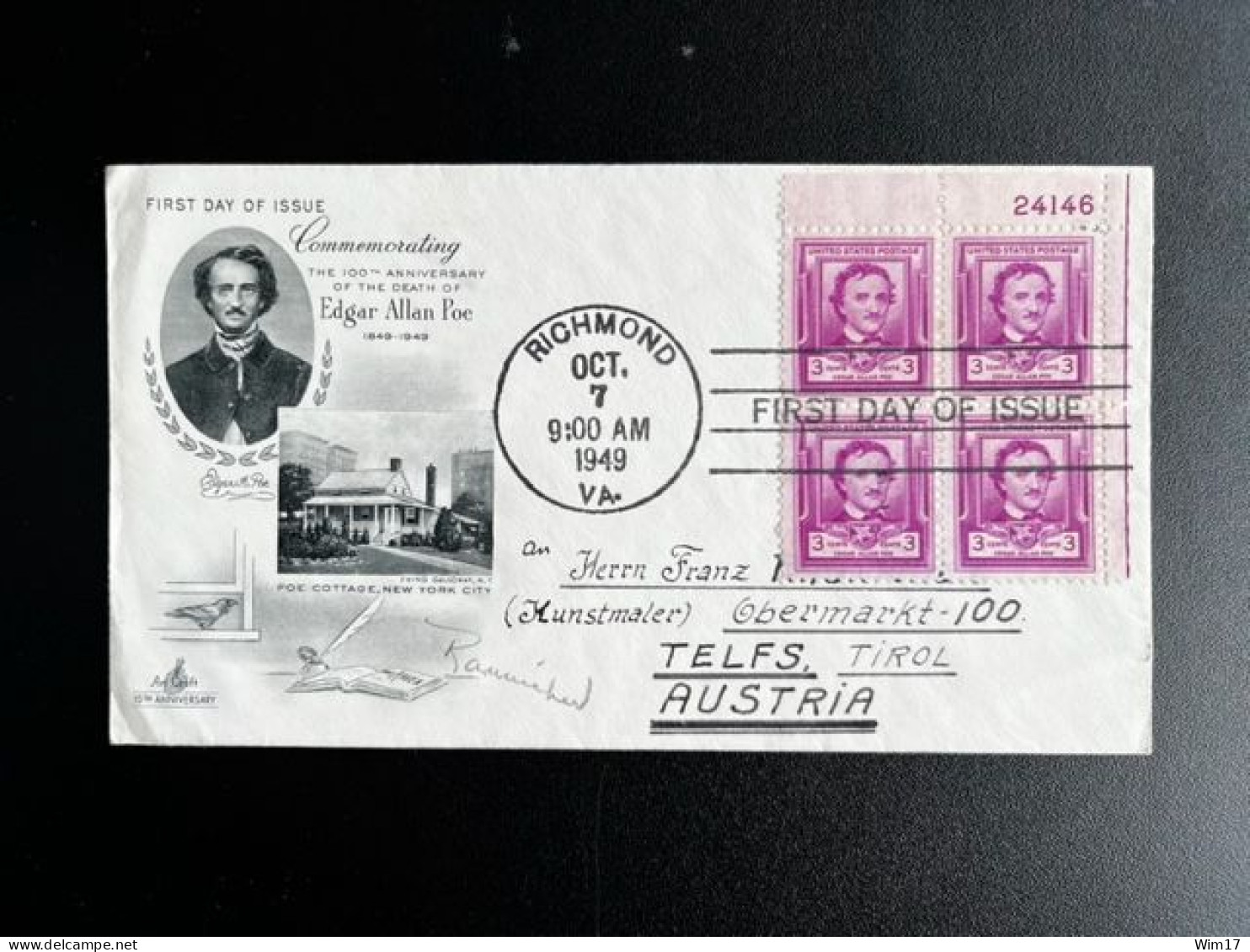 UNITED STATES USA 1949 CIRCULATED FDC EDGAR ALLEN POE RICHMOND TO TELFS 07-10-1949 VERENIGDE STATEN AMERIKA AMERICA - 1941-1950