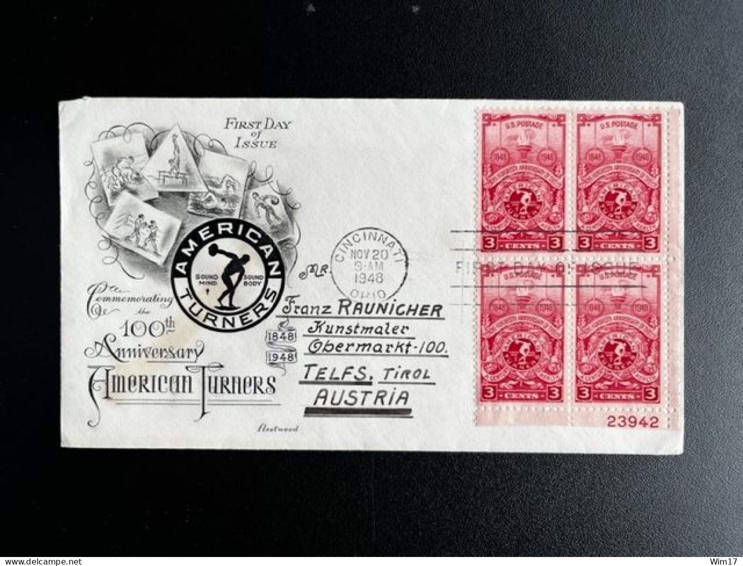 UNITED STATES USA 1948 CIRCULATED FDC AMERICAN TURNERS CINCINATTI TO TELFS 20-11-1948 VERENIGDE STATEN AMERIKA AMERICA - 1941-1950