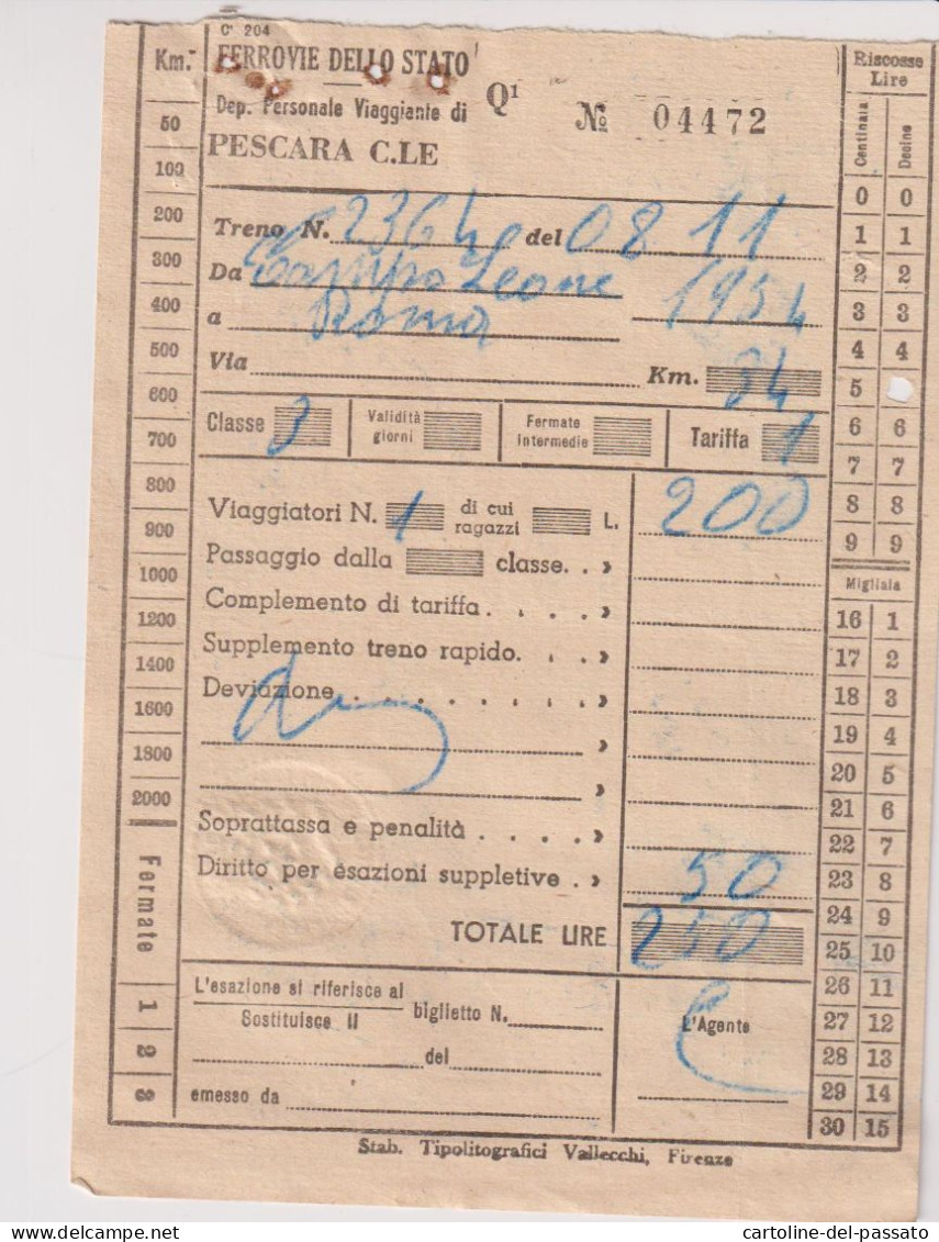 Biglietto Ticket Buillet  Ferrovie Dello Stato Pescara Centrale  8/11/1934 - Europa