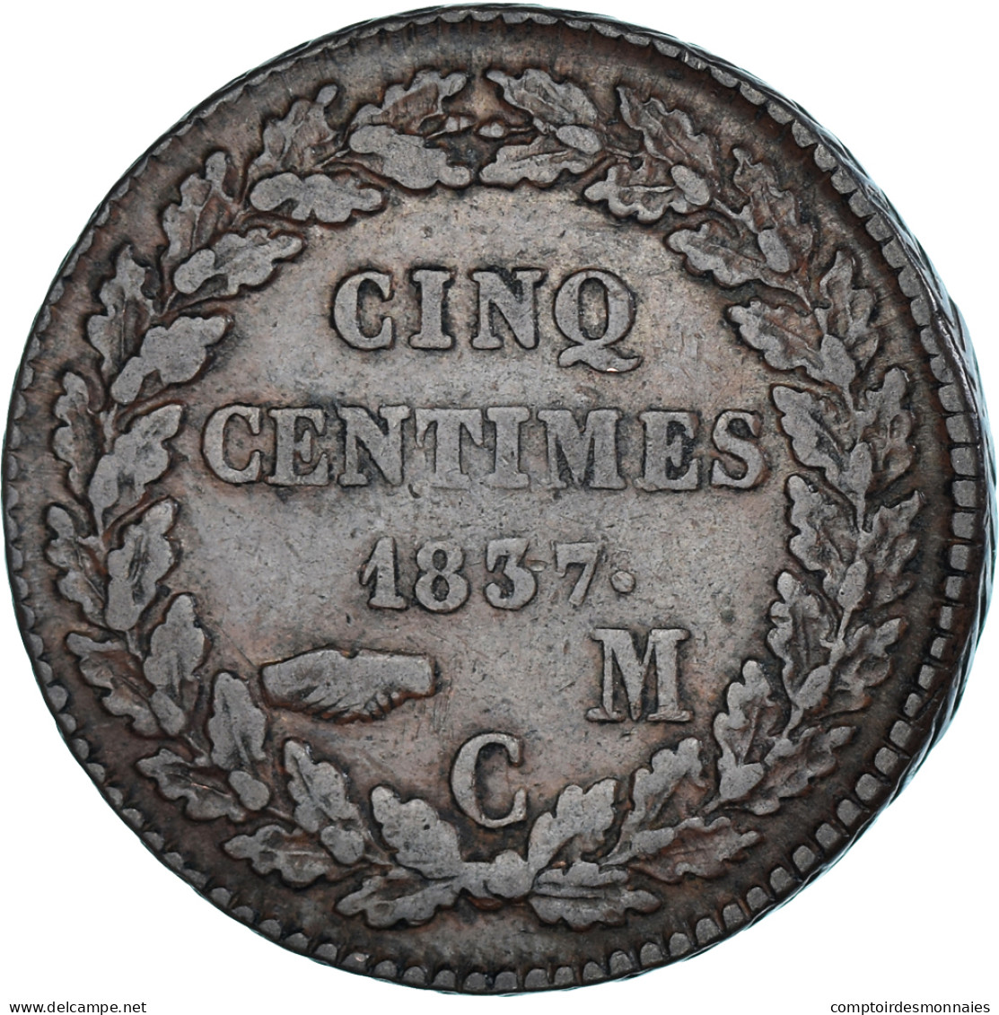 Monnaie, Monaco, Honore V, 5 Centimes, 1837, Monaco, TB+, Cuivre, Gadoury:MC102 - 1819-1922 Onorato V, Carlo III, Alberto I