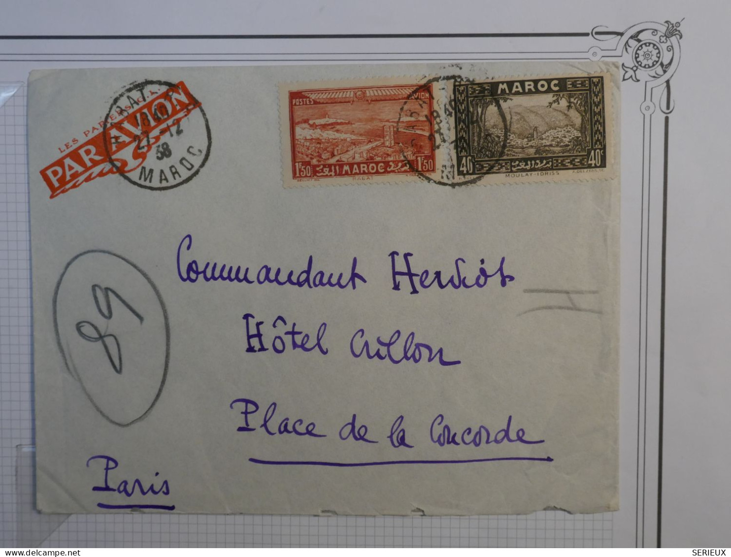 AE18 MAROC  BELLE LETTRE RARE A L HOTEL LE CRILLON A PARIS FRANCE +++++ 1938 ++AFF. PLAISANT+++ - Lettres & Documents