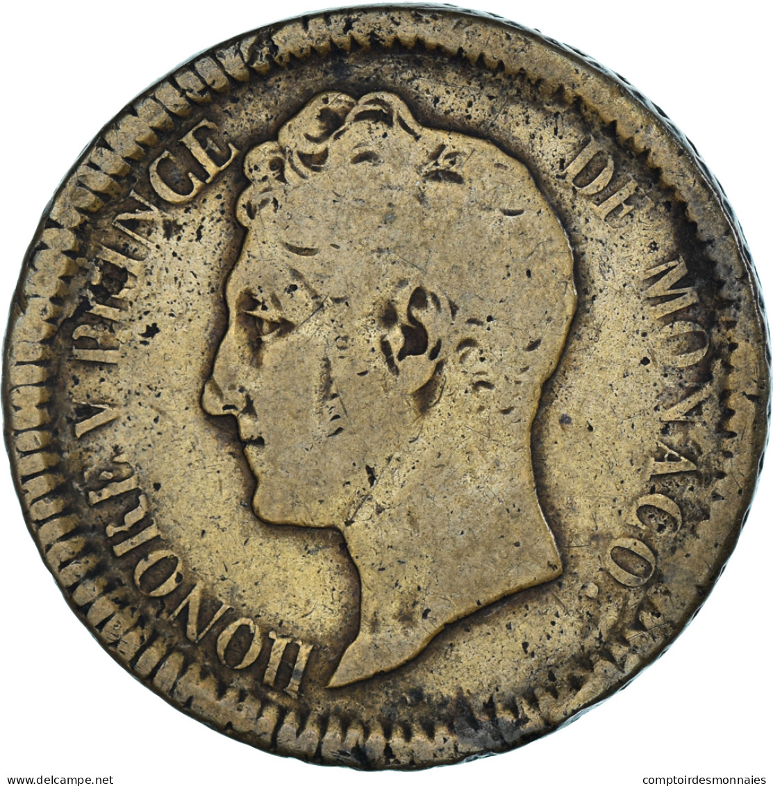 Monnaie, Monaco, Honore V, 1 Décime, 1838, Monaco, TB, Copper Gilt - 1819-1922 Onorato V, Carlo III, Alberto I