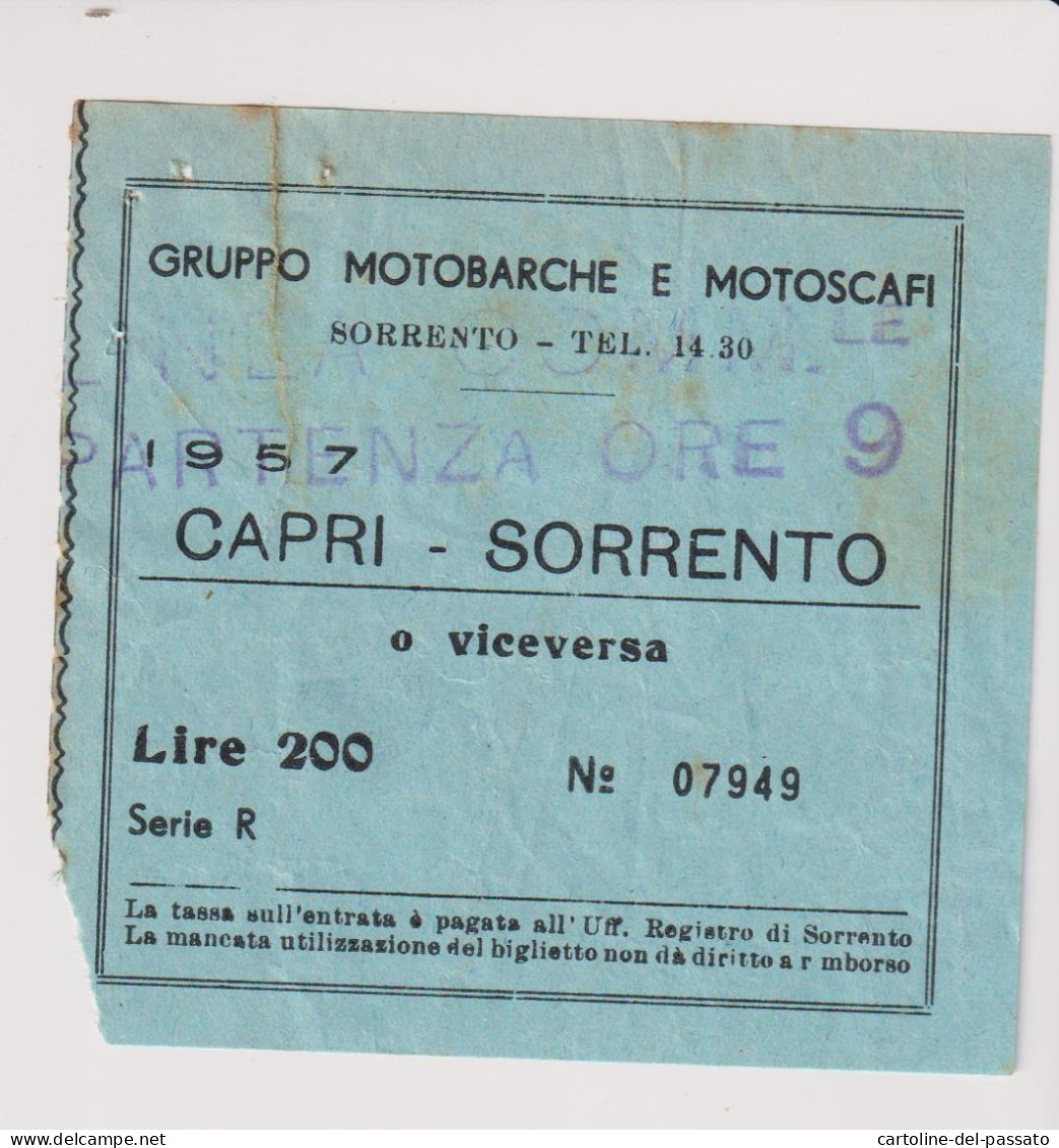 Biglietto Ticket Gruppo Motobarche  E Motoscafi  Capri  Sorrento  Lire 200 Retro Bollo - Non Classés