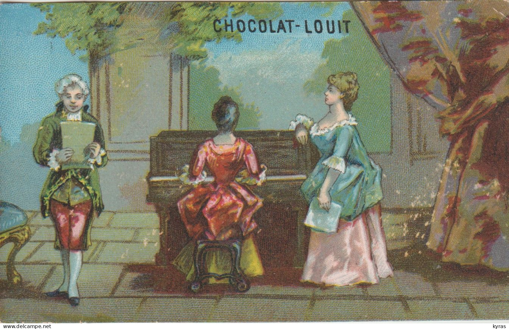 Chromo CHOCOLAT LOUIT 7x11,5 Cm . LA LECON DE PIANO (En Costumes 18°s.) - Louit