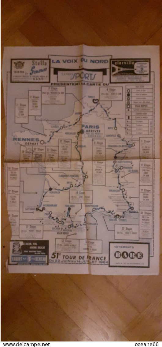 Carte Itinéraire Du 51e Tour De France 1964 La Voix Du Nord - Cyclisme