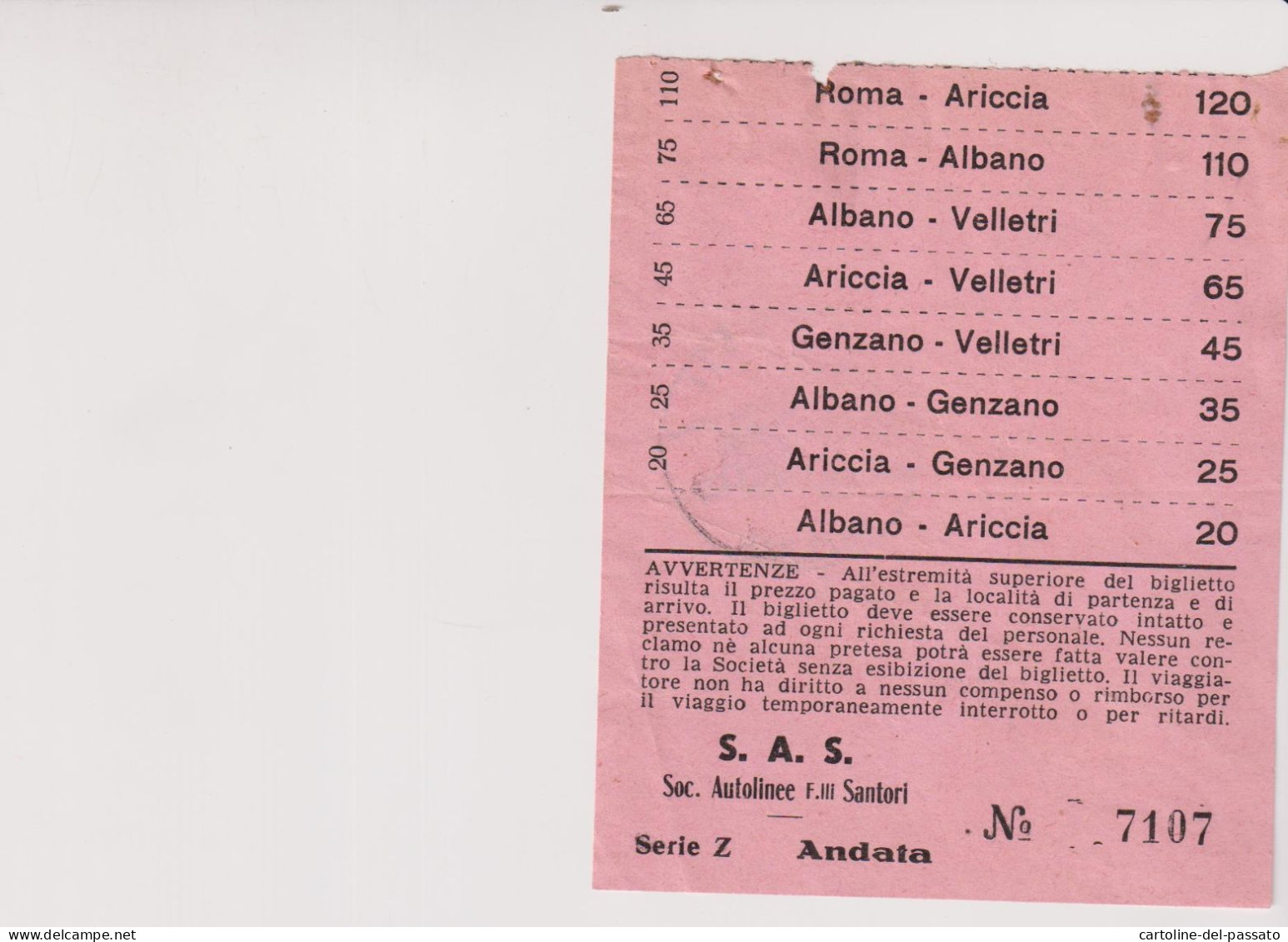 Biglietto Ticket S.a.s. Soc. Autolinee F,lli Santori Albano - Velletri - Genzano  Ariccia - Europa