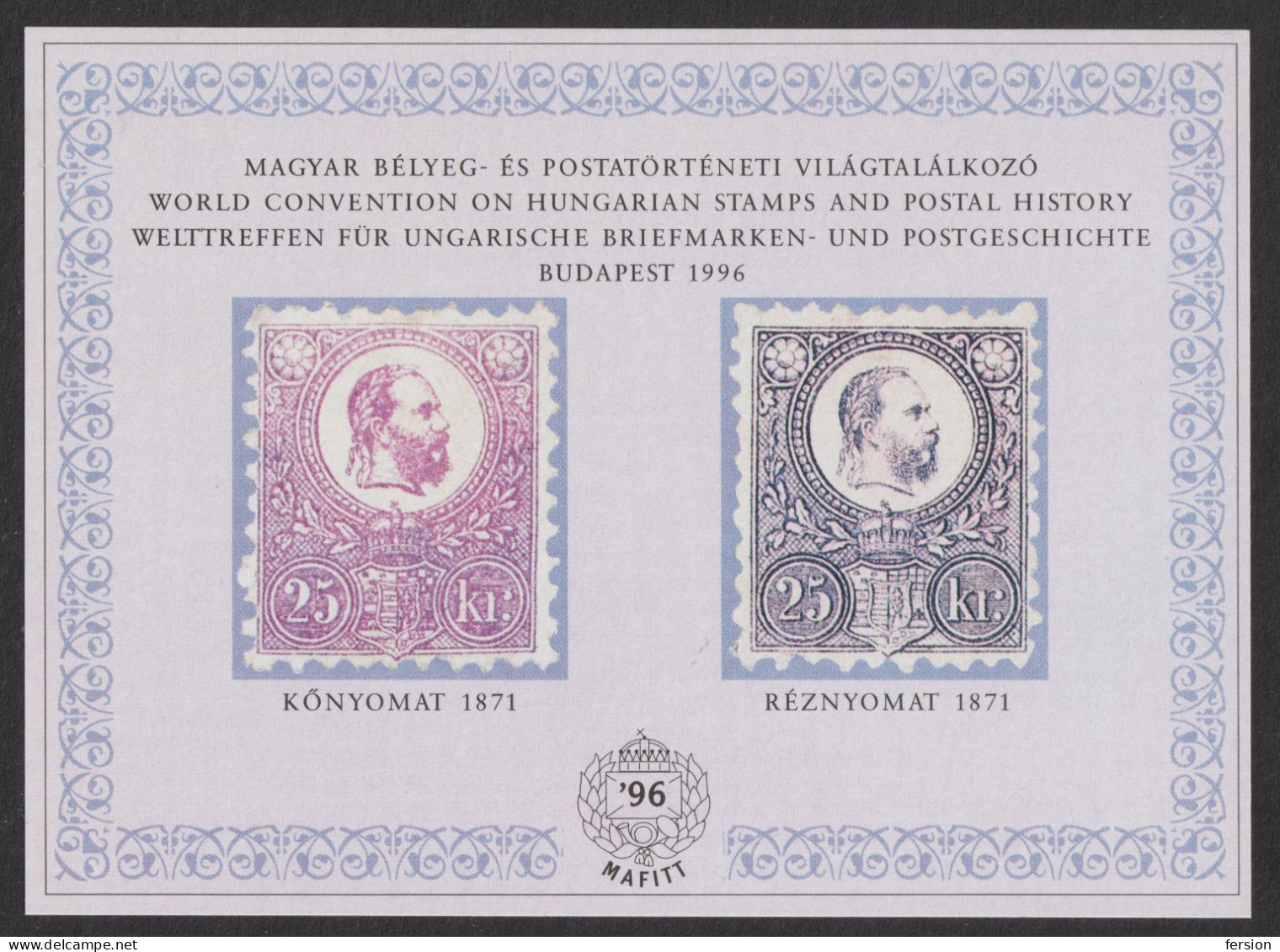 Stamp On Stamp 1871 Reprint Lithography Engraved Commemorative Memorial Sheet MAFITT STAMP 1996 Hungary FRANZ JOSEPH - Hojas Conmemorativas