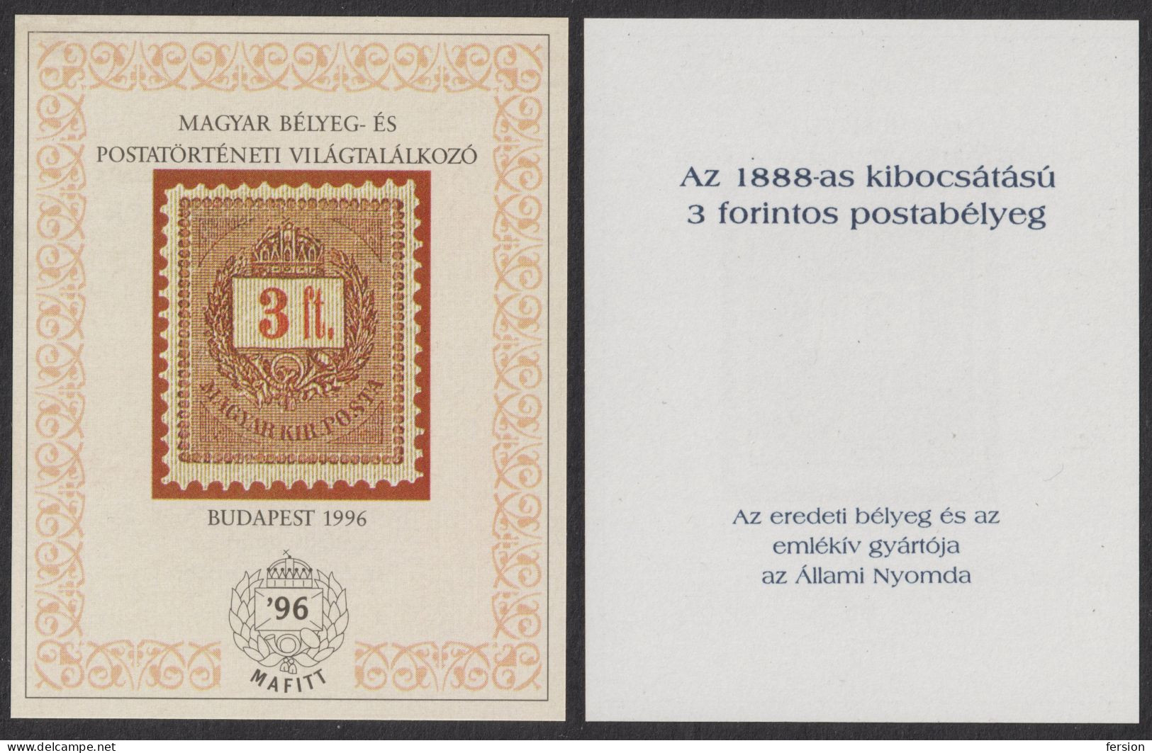 Stamp On Stamp 1888 Reprint 3 Ft COVER Commemorative Memorial Sheet MAFITT STAMP 1996 Hungary Exhibition Fair - Foglietto Ricordo