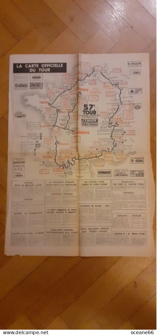 Carte Itinéraire Du 57e Tour De France 1970 L'Equipe - Cyclisme