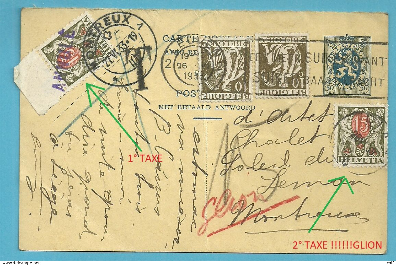 337 Op Entier Stempel LEUVEN Naar MONTREUX (Suisse) Getaxeerd (taxe) 15c Stempel ANNULE , Nieuwe Taxe 15c Stempel GLION - 1932 Cérès Et Mercure