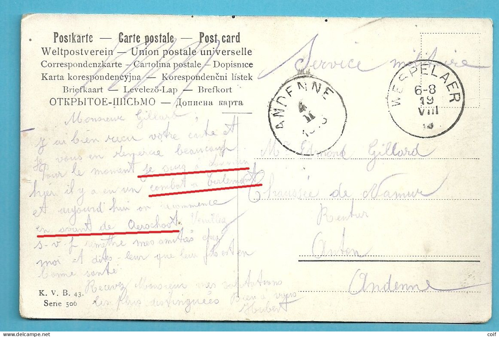 Kaart Stempel WESPELAER Op 19/08/1914 (Offensief W.O.I) Aankomst ANDENNE Op 4/2/1915 !!!!!!!(geen Censuur)(zie Tekst) - Niet-bezet Gebied