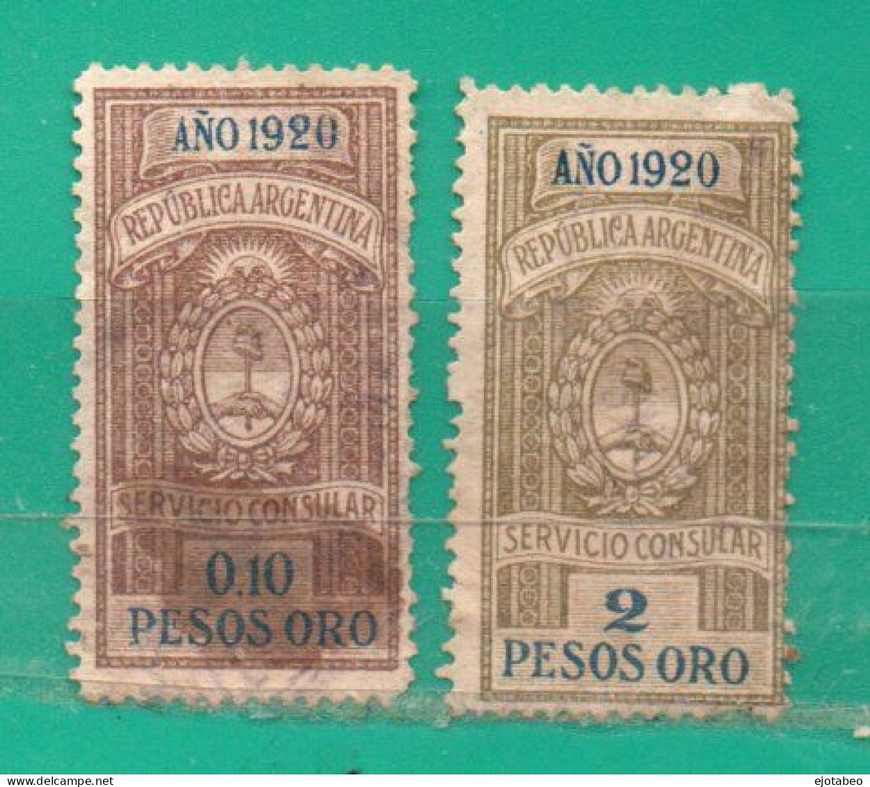 ARGENTINA- Argentinien 1920 - 2 Consular Tax Stamps O Servicio Consular Valor Facial: 0.10 Peso Oro Y 2.00 Pesos Oro - Service