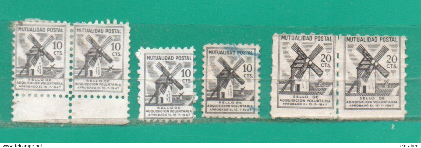 66 España 1947 -  MUTUALIDAD POSTAL X 6-Valor Facial: 0.10 Cts. X 4( 1 En P.Horiz.) Y  0.20 Cts. En Pareja Horizontal - Fiscaux-postaux