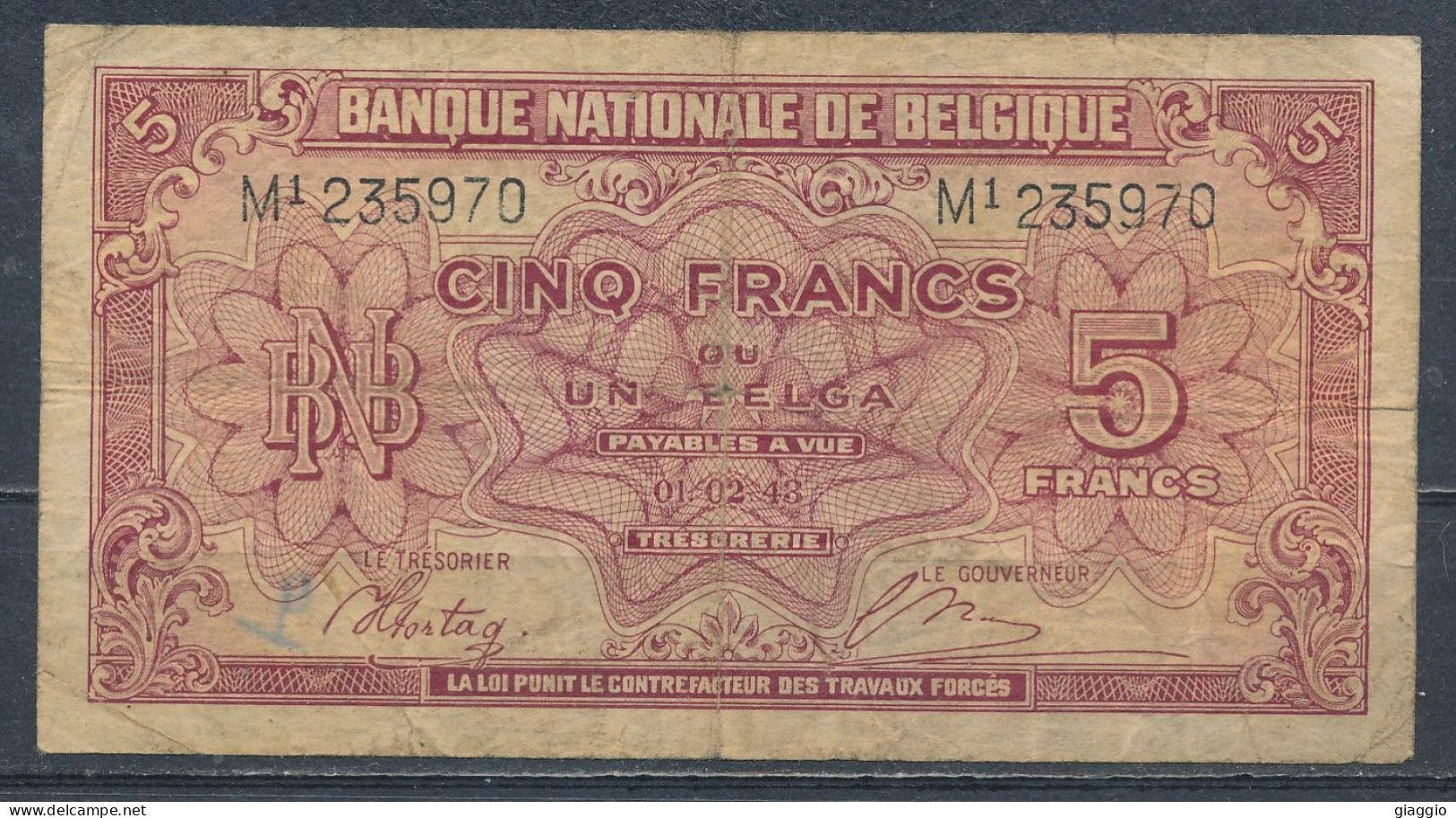 °°° BELGIO BELGIUM 5 FRANCS 1943 °°° - 5 Francs-1 Belga