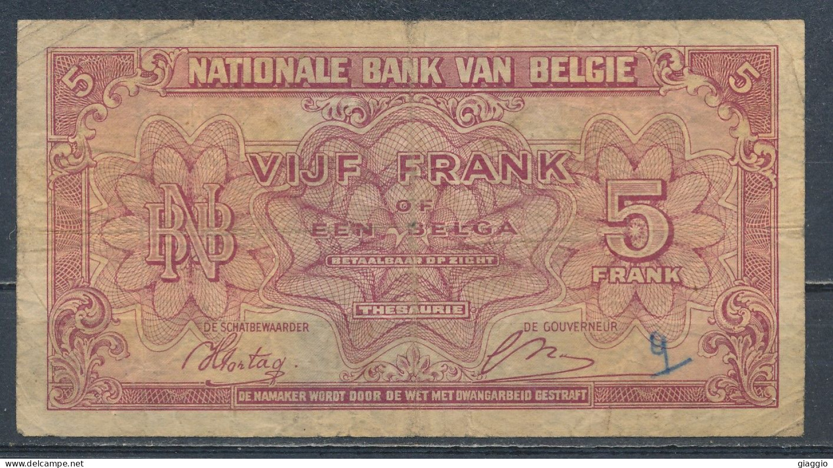 °°° BELGIO BELGIUM 5 FRANCS 1943 °°° - 5 Francos-1 Belga