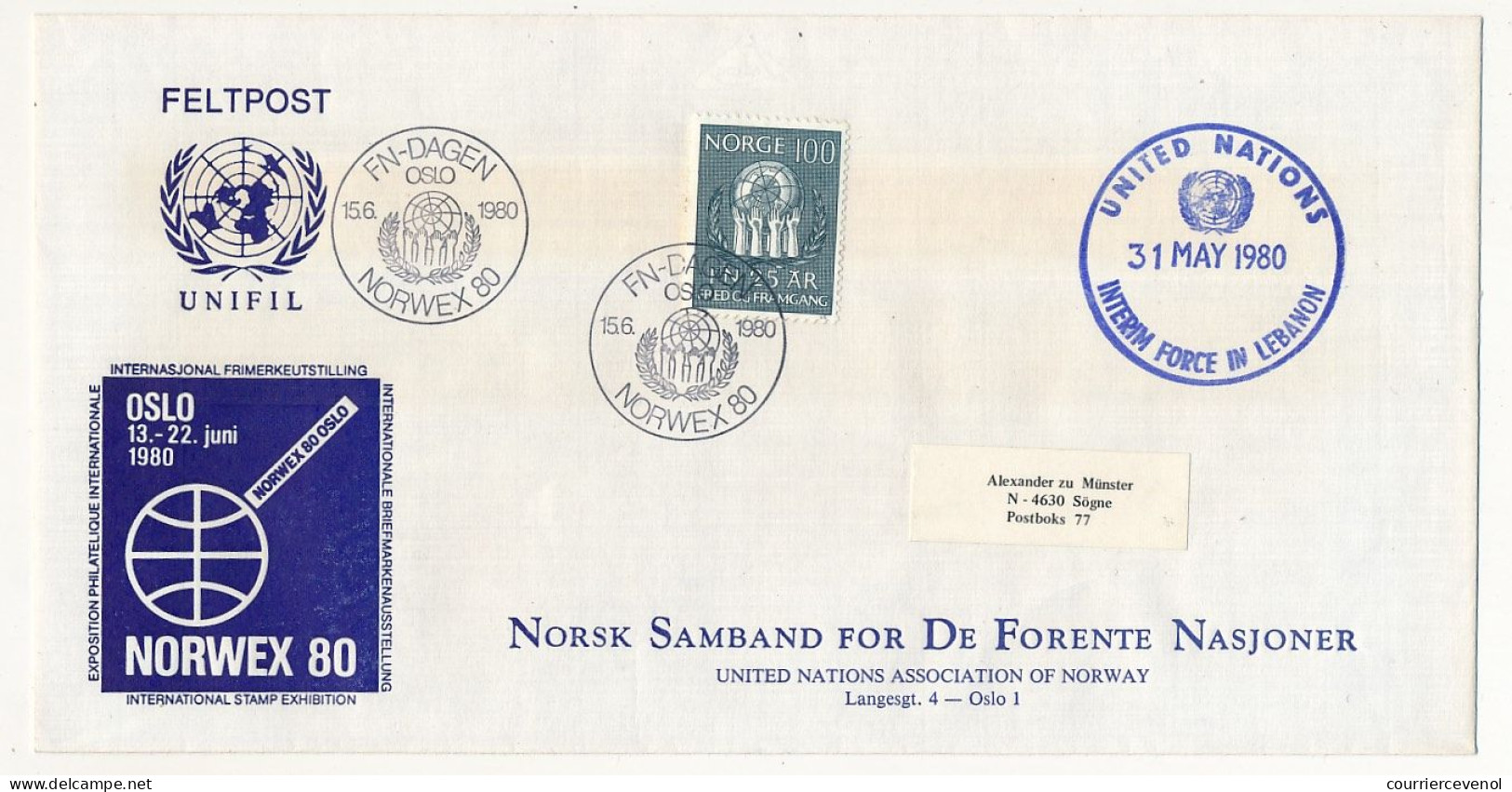 NORVEGE - Contingent Norvégien - United Nations Interim Force In Lebanon 31 Mai 1980 - Exposition Norwex 80 - Autres & Non Classés