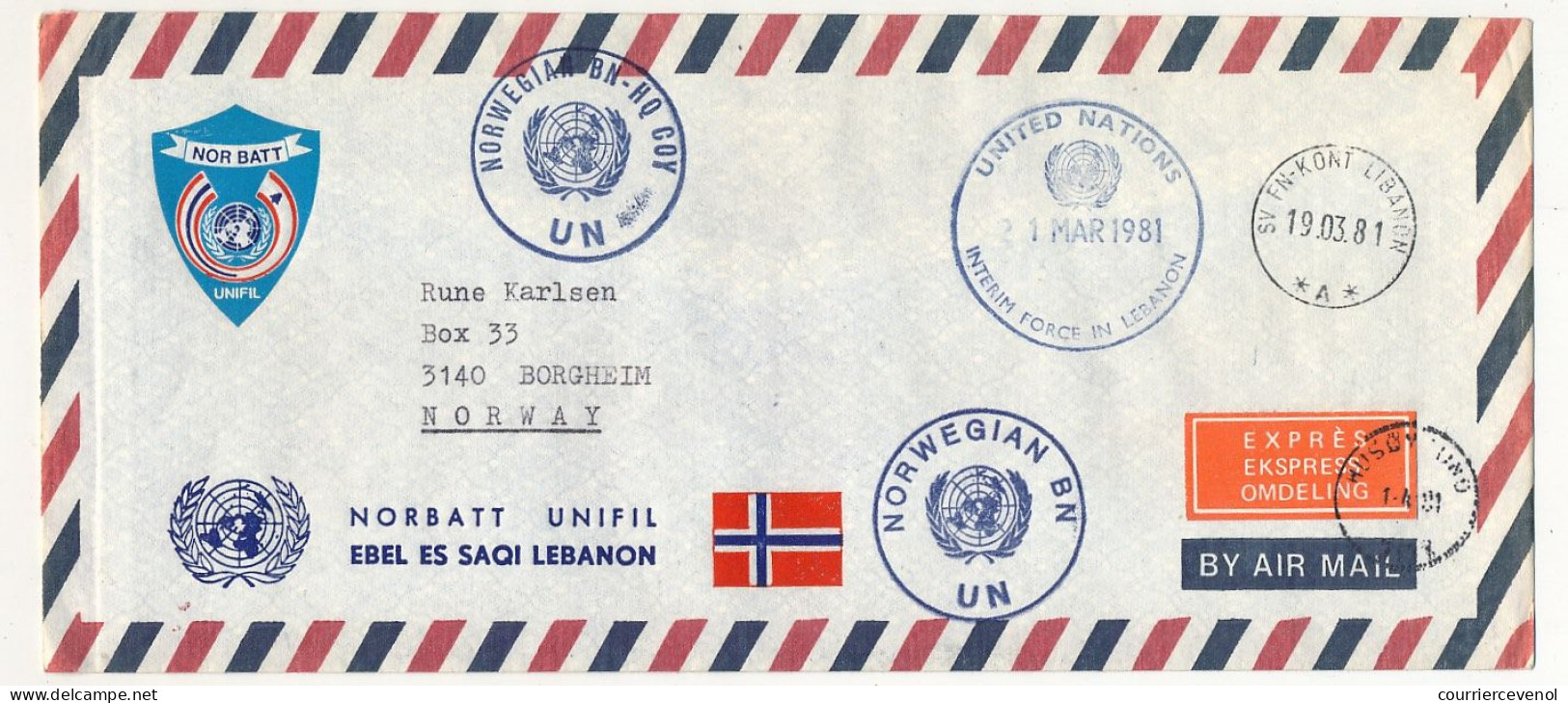 NORVEGE - Enveloppe Contingent Norvégien - United Nations Interim Force In Lebanon 1 Mars 1981 + Divers - Andere & Zonder Classificatie