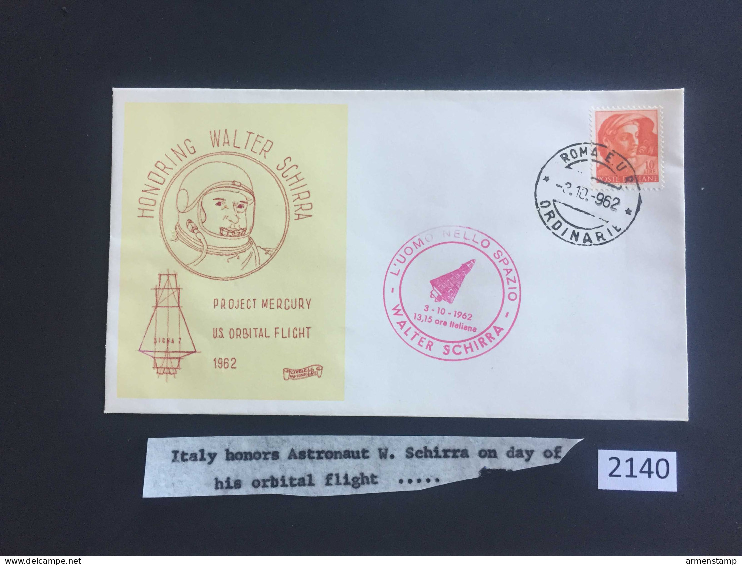 Italy Astronaut Walter Schirra FDC (2140) Free Shipping - Revenue Stamps