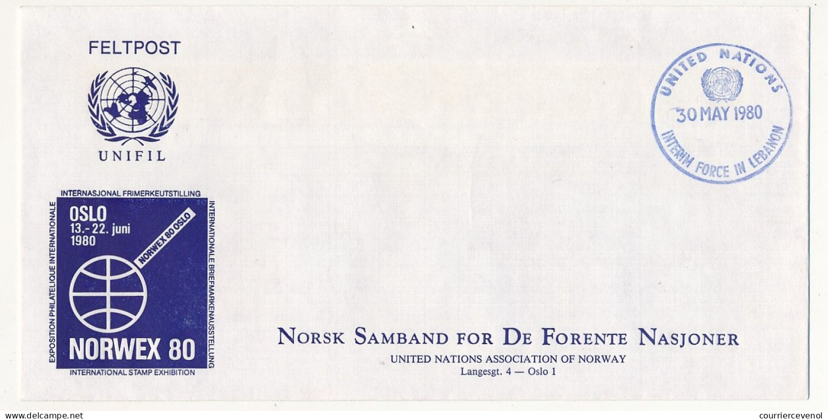 NORVEGE - Enveloppe Contingent Norvégien - United Nations Interim Force In Lebanon 31 May 1980 - Norwex 80 - Altri & Non Classificati