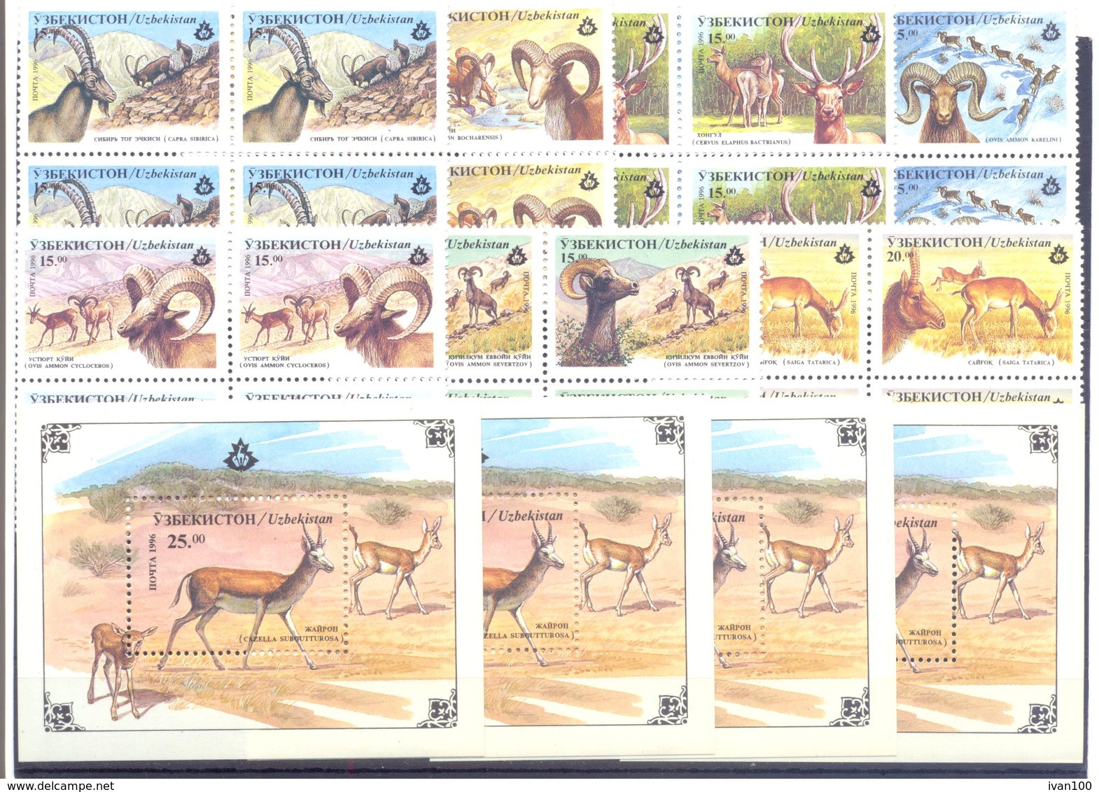 1996. Uzbekistan, Animals, Wild Goats, 7v + S/s, 4 Sets In Blocks Of 4v + 4 S/s, Mint/** - Uzbekistan