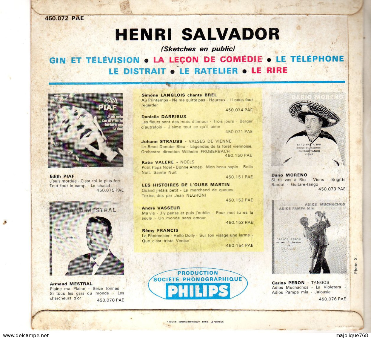 Disque 45T - SP De Henri Salvador - Gin Et Télévision - Pergola 450.072 PAE - France 1964 - Comiche