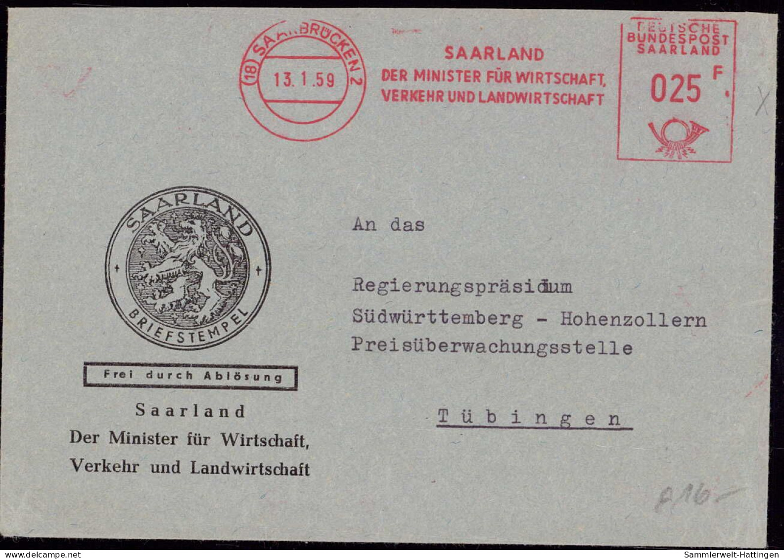 601200 | Saarland, Dienstbrief, Frei Durch Ablösung Freistempel Minister Für Wirtschaft, Verkehr Und Landwirtschaft | Sa - Storia Postale