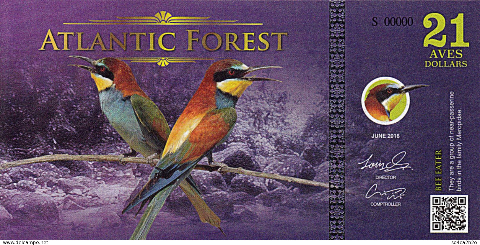 Atlantic Forest 21 Aves Dollars UNC Juin 2016 Le Mangeur D'abeilles - Fictifs & Spécimens