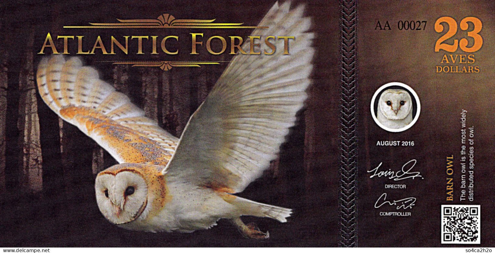 Atlantic Forest 23 Aves Dollars UNC Août 2016 La Chouette - Fictifs & Spécimens