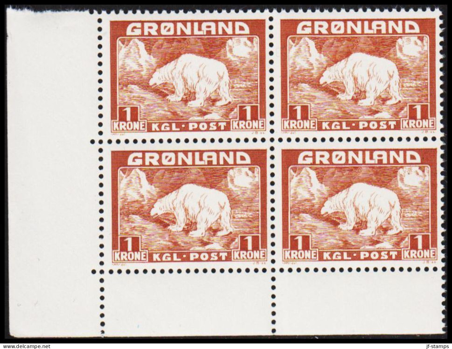 1938. GRØNLAND. Christian X And Polar Bear. 1 Kr. Light Brown. Beautiful Margin 4-block  From L... (Michel 7) - JF532345 - Neufs