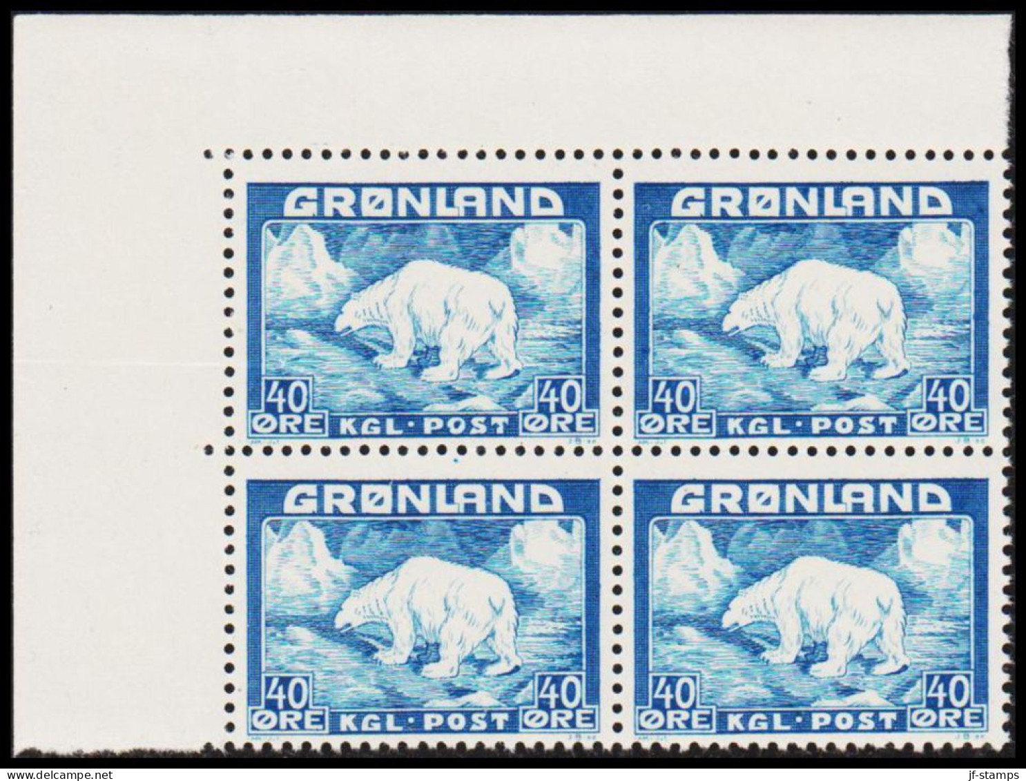 1946. GRØNLAND. Christian X And Polar Bear. 40 Øre Blue. Never Hinged Margin 4-block From Uppe... (Michel 27) - JF532346 - Unused Stamps