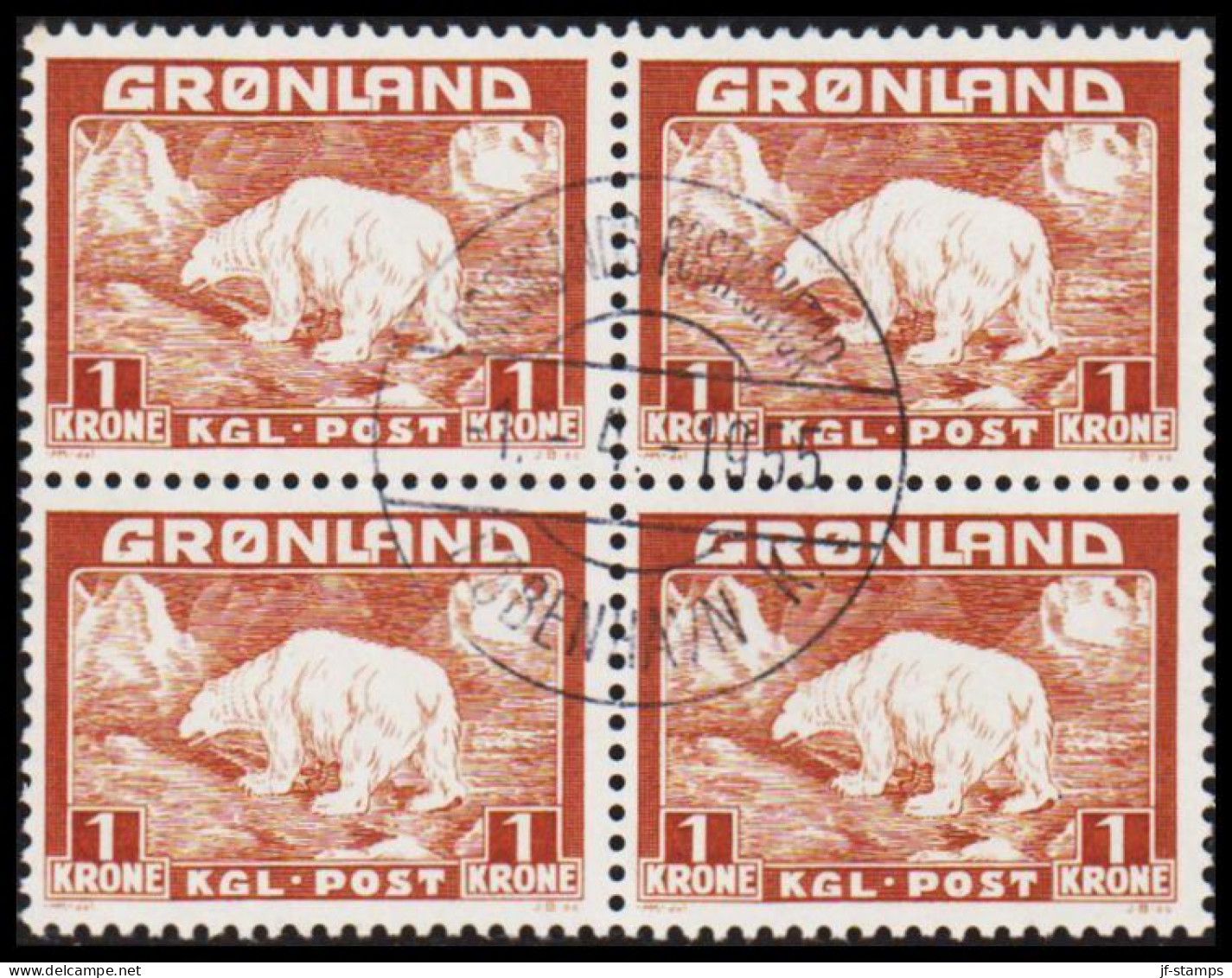 1938. GRØNLAND. Christian X And Polar Bear. 1 Kr. Light Brown. Beautiful 4-block  Cancelled GRØ... (Michel 7) - JF532348 - Oblitérés