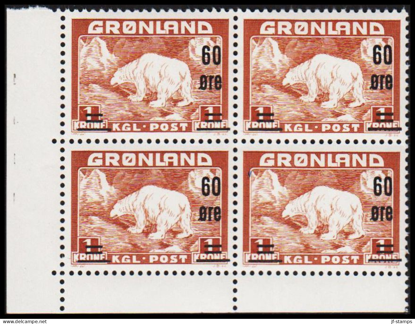 1956. GRØNLAND. Surcharge. 60 Øre/1 Kr. 4-block WITH LOVER LEFT MARGIN. NEVER HINGED. Beautifu... (Michel 38) - JF532349 - Unused Stamps