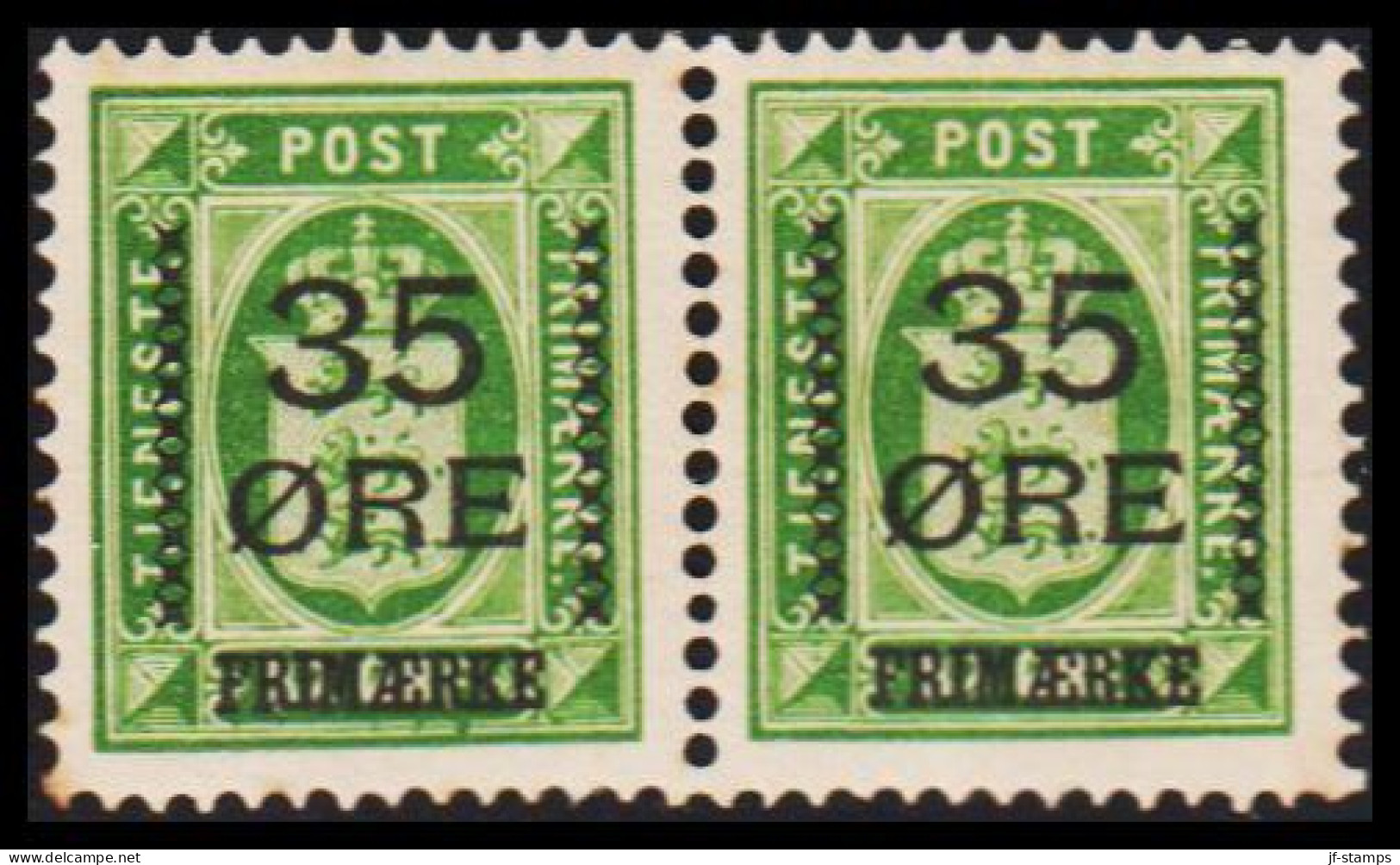 1912. Surcharge. 35 Øre On 32 Øre Green Official Stamp Pair Never Hinged. Rust.  (Michel 62) - JF532368 - Ongebruikt