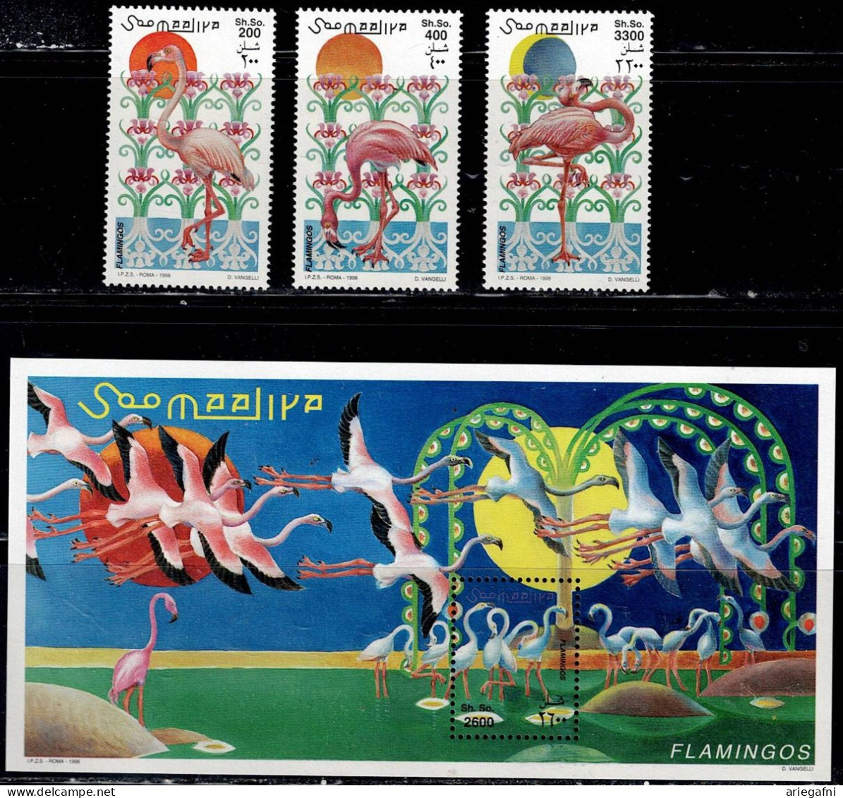 SOMALIA 1998 BIRDS FLAMINGO MI No 726-8 +BLOCK 56 MNH VF!! - Flamingo