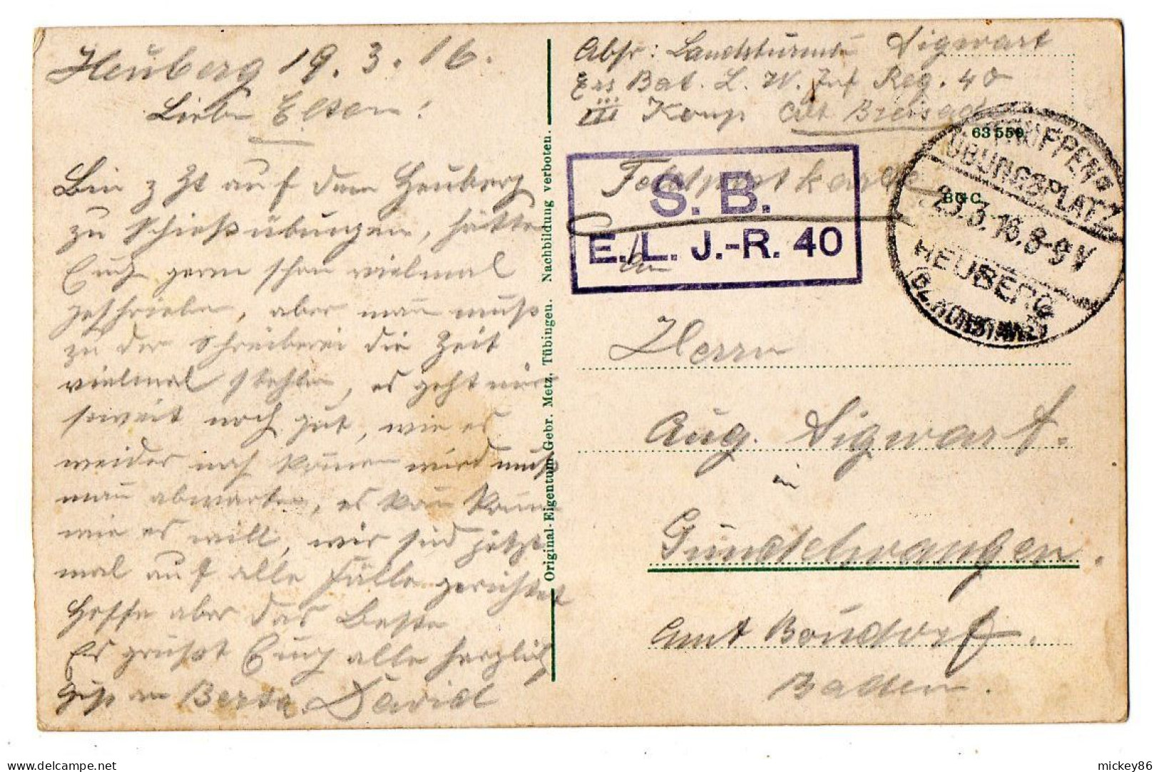 Cachet  S.B  E.L J.R 40--HEUBERG-militaria-Camp Prisonniers--HEUBERG-1916--DONAUTAL-F. Zwischen Tiergarten-Gutenstein-- - Militaria