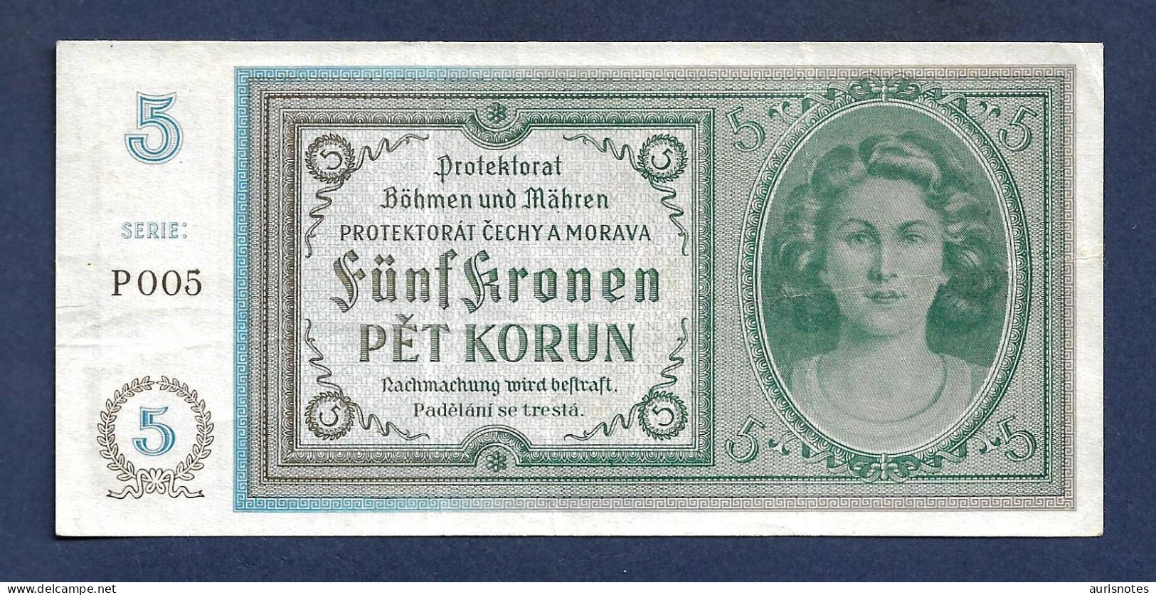 Bohemia & Moravia 5 Kronen 1940 Not Perforated P4a VF/VF+ - Segunda Guerra Mundial