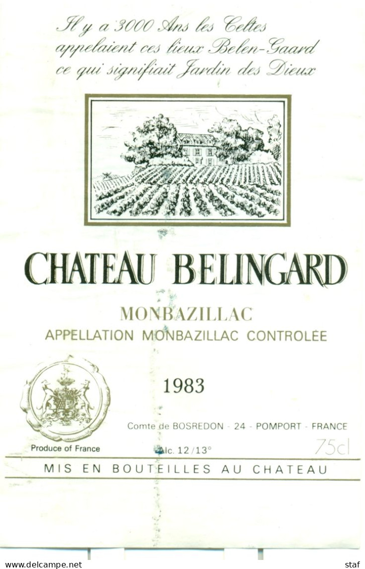 (M11) Etiquette - Etiket - Château Belingard - Monbazillac 1983 - Monbazillac