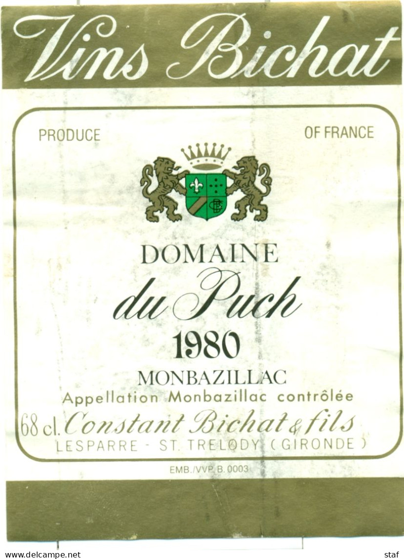 (M11) Etiquette - Etiket - Domaine Du Puch - Monbazillac 1980 - Monbazillac