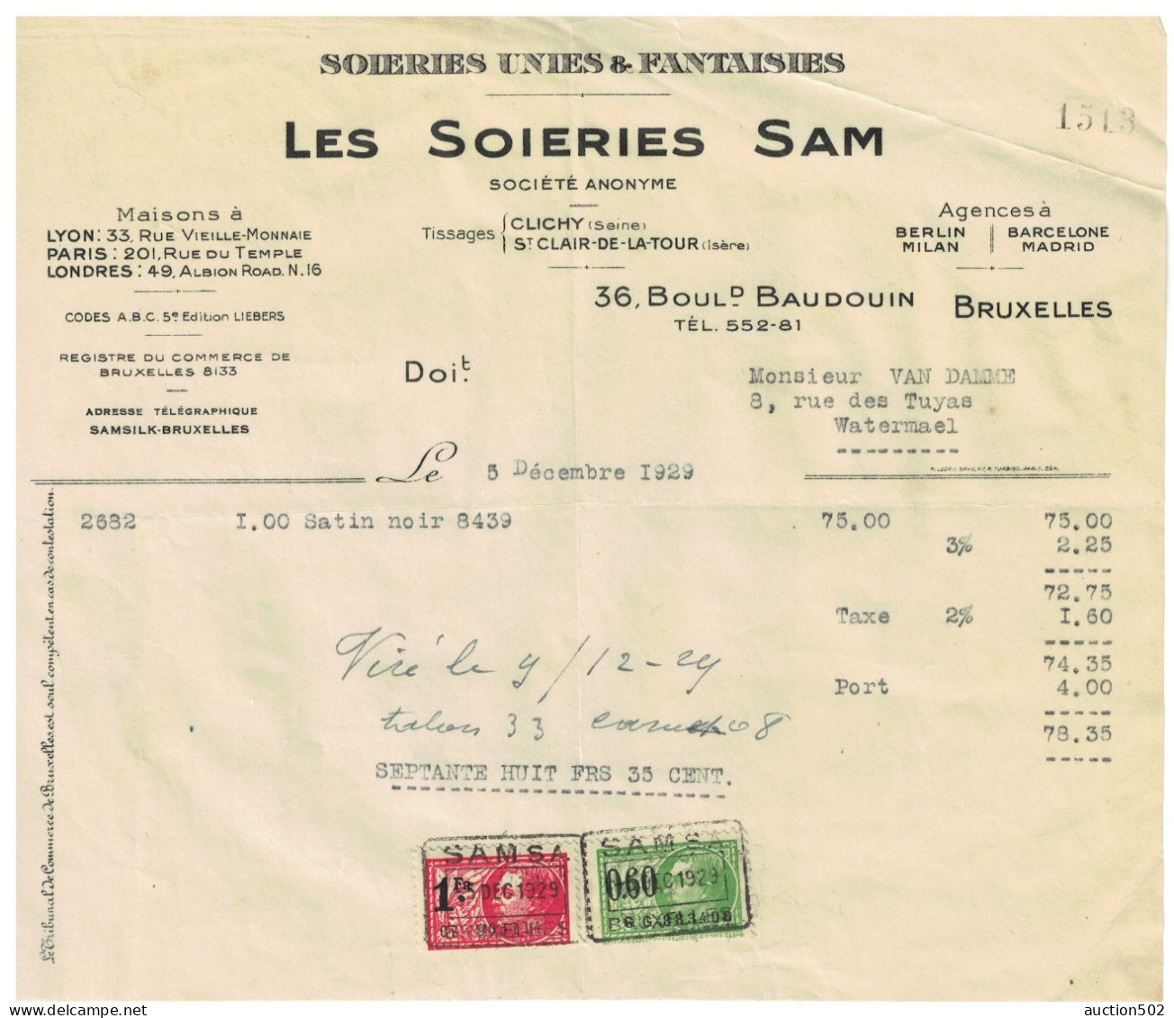 Facture 1929 Bruxelles Les Soieries SAM Soieries Unies & Fantaisies  +  TP Fiscaux - Petits Métiers