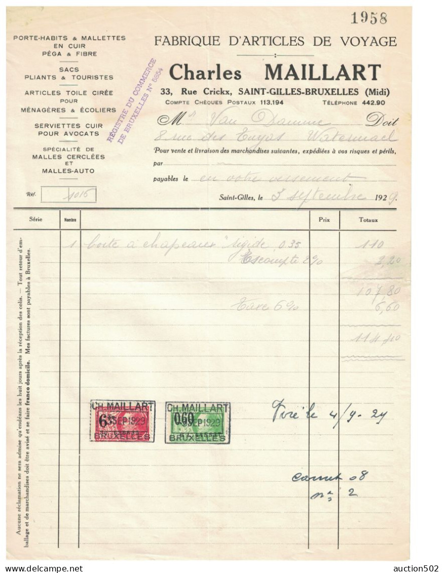 Facture 1929 Saint-Gilles Bruxelles Charles Maillart Fabrique D'Articles De Voyage + TP Fiscaux - Straßenhandel Und Kleingewerbe