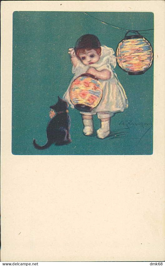 ZANDRINO SIGNED 1920s POSTCARD - KID & BLACK CAT & COLORFUL LANTERNS - N.87/2 (4286) - Zandrino