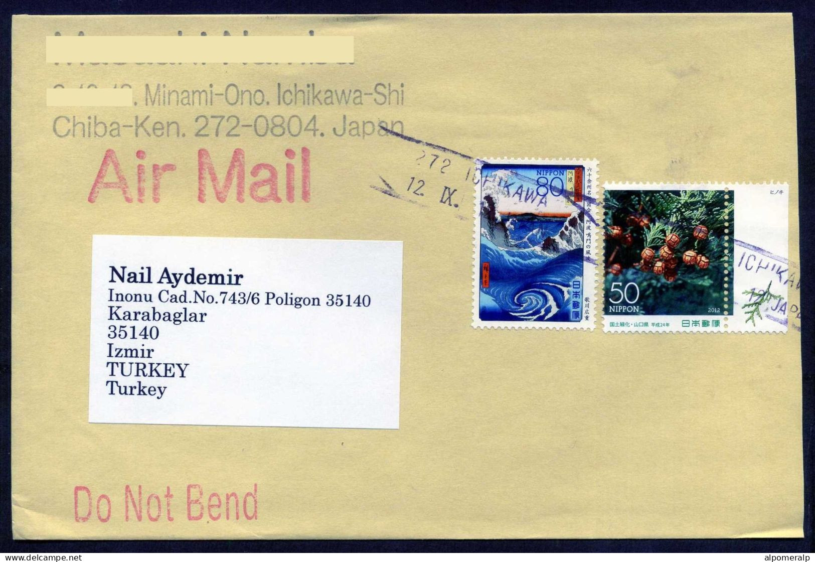 Japan 2012 50 ¥ Trees, 80 ¥ Sea (Paintings) | Air Mail Cover Used To İzmir From Ichikawa - Briefe U. Dokumente