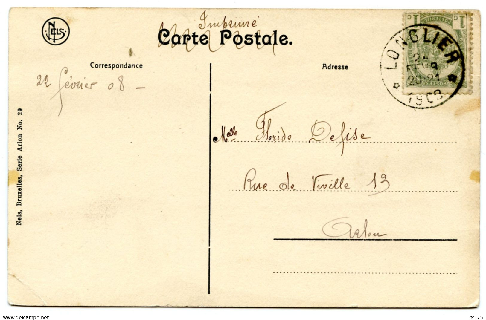 BELGIQUE - COB 53 SIMPLE CERCLE RELAIS A ETOILES LONGLIER SUR CARTE POSTALE, 1908 - Sterstempels