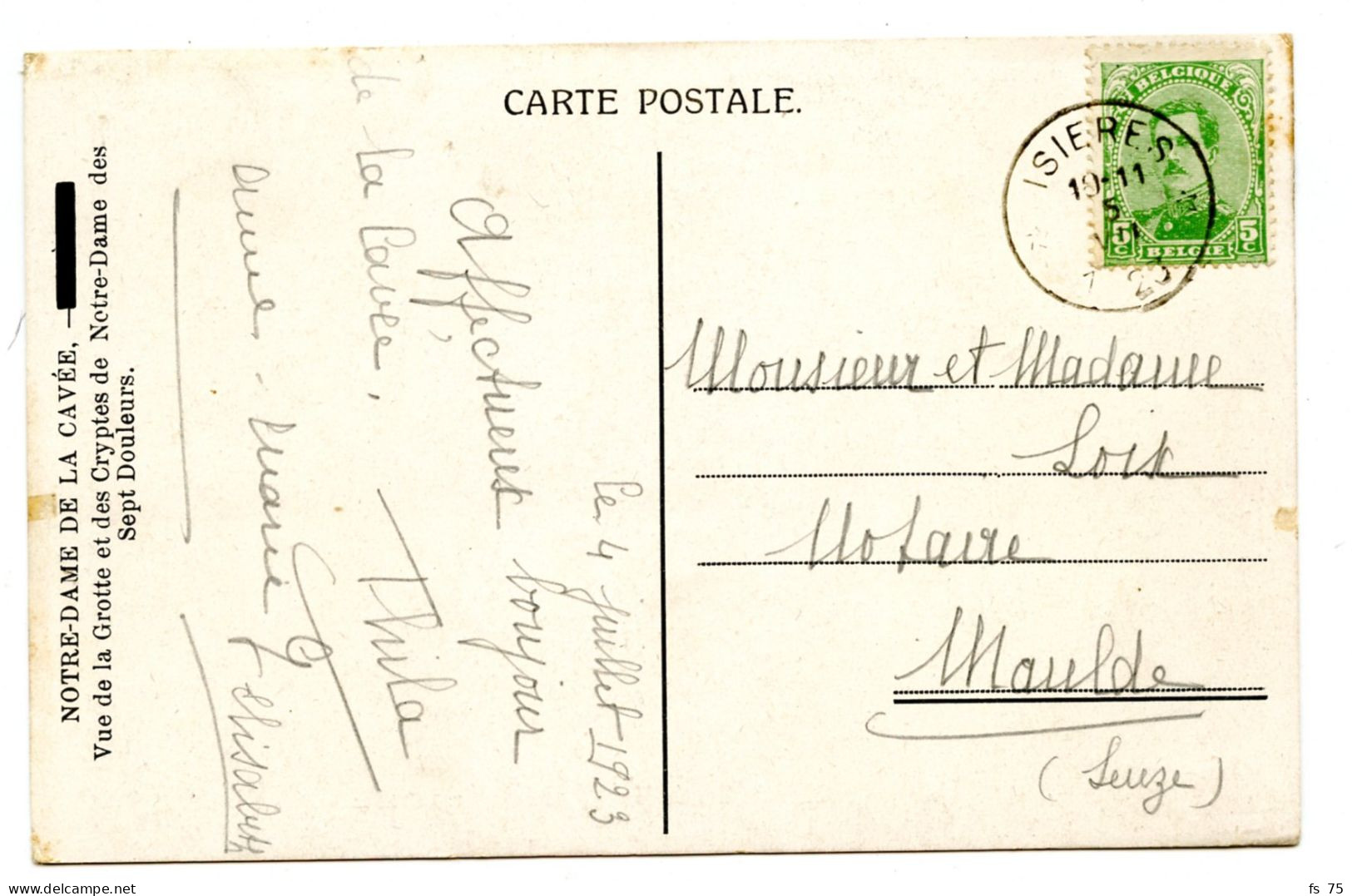 BELGIQUE - COB 137 SIMPLE CERCLE RELAIS A ETOILES ISIERES SUR CARTE POSTALE, 1923 - Postmarks With Stars