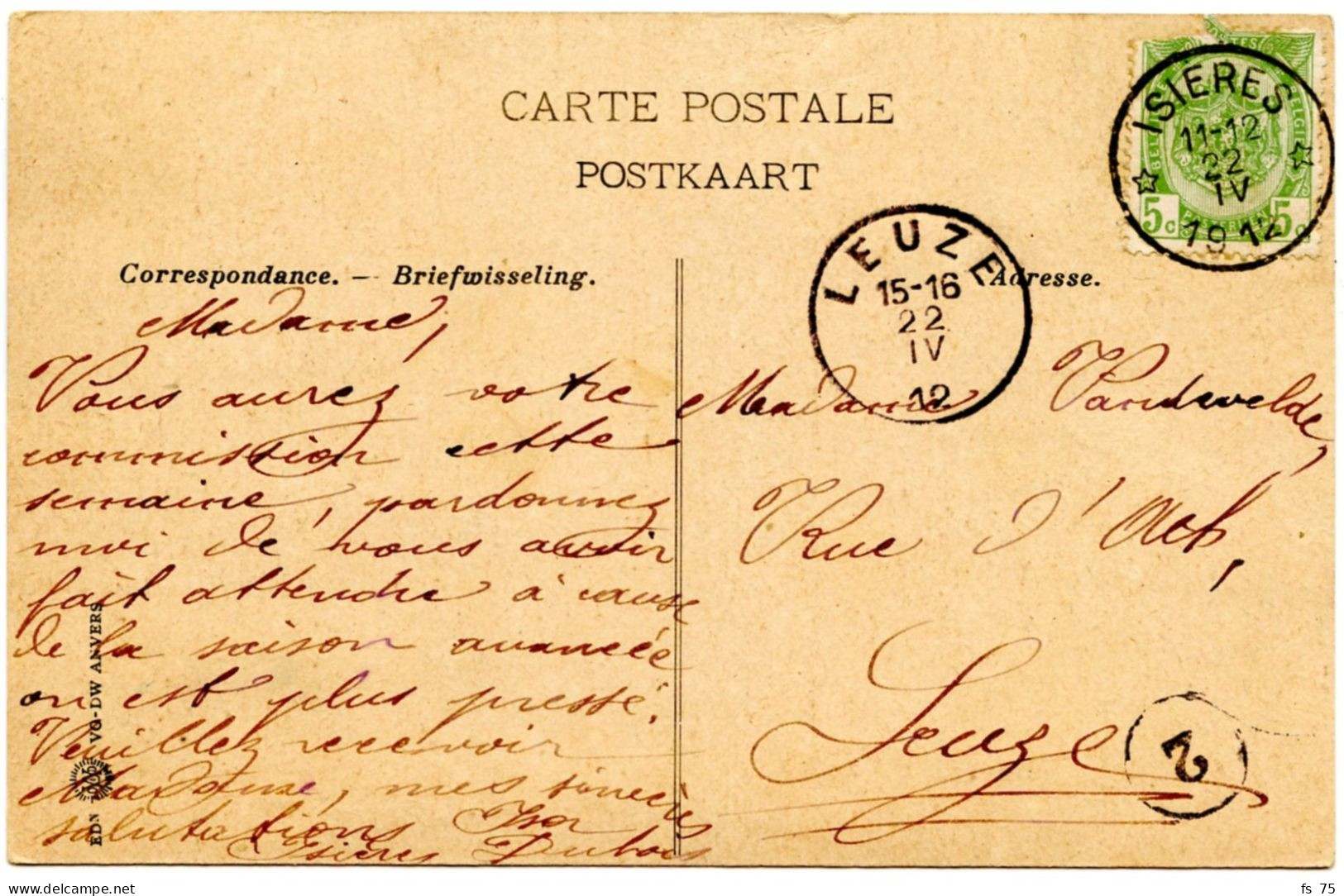 BELGIQUE - COB 56 SIMPLE CERCLE RELAIS A ETOILES ISIERES SUR CARTE POSTALE, 1912 - Postmarks With Stars
